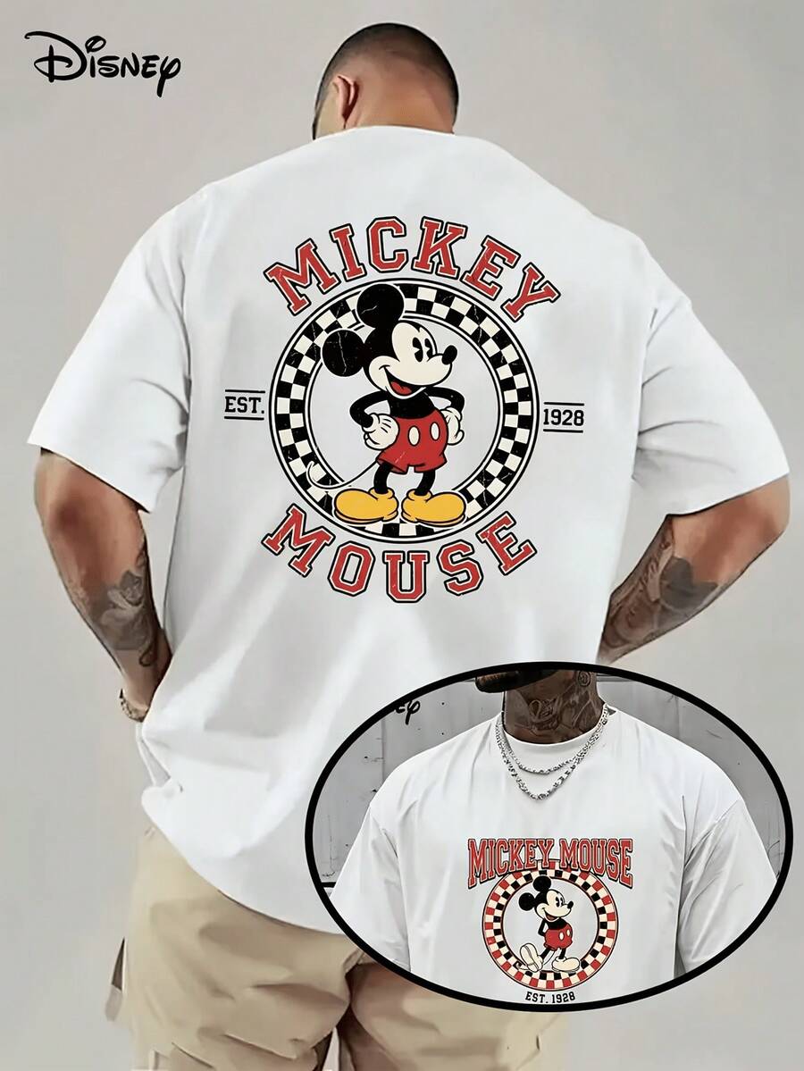 [Disney Licensed]Disney Mickey Mouse Vintage 1928 Checkered Circle Mickey Graphic Men's Oversized T-Shirt, Casual Crew Neck Retro Distressed Streetwear Tee, Classic Nostalgic Cartoon Print Top, Disney Officially Authorized Men's Short-Sleeved T-Shirts, Mens Clothes, Men, Ropa De Hombre, Summer Clothes, Men Shirts, Graphic Tees, Disney Outfits Men, Graphic Tees, Camisetas Para Hombre, Camisas Para Hombre, Summer Outfits For Men, Father's Day Gift, Perfect Gift For Family And Friends, Which Are Necessary For Birthday Parties, Disney Shirts, Mens Clothes, Summer Clothes, Officially Licensed Disney T-Shirts, Disney Men's And Women's Spring/Summer Fashion Casual Short-Sleeve T-Shirts - White - View 1