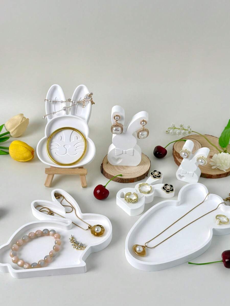 White Plaster Rabbit Jewelry Tray And Earring Holder Set, Cute Rabbit Shaped Vanity Organizer Box, Multi-Size Jewelry Dish For Earrings, Rings, Necklaces, Decorative Desktop Storage And Photo Prop, Ideal Gift For Easter And Mother's Day