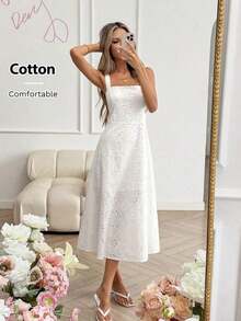 Cotton White Embroidered Sleeveless A-Line Midi Dress, Suitable For Romantic Vacation, Countryside, Wedding, Brunch With Friends, Valentine's Day, Easter, Multi-Occasion Wear Summer Dress Summer Holiday Outfits Spring Dress Women Spring Break Outfits Valentines Day Dress Party Dress Beach Dress Wedding Guest Dress For Women Elegant Dresses For Women Vacation Outfits Women White Dress Vacation/Boho/Sexy Tummy Control Summer Dress Cottagecore Dress White Sundress For Women - trắng - Xem 4