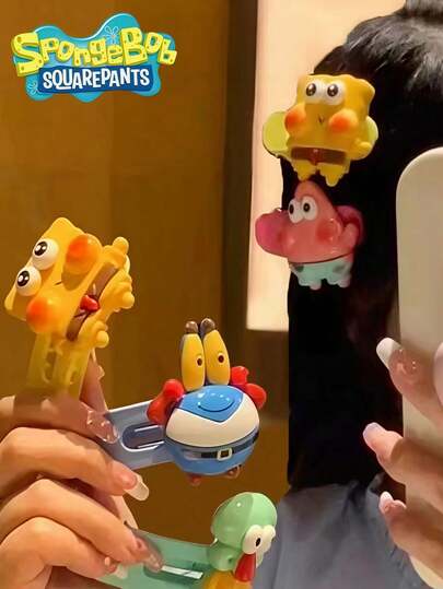 SpongeBob SquarePants 5 件装海绵宝宝主题系列大刘海发夹，颜色和款式随机，可爱少女风侧边发夹，鸭嘴夹发饰，包括海绵宝宝、章鱼哥、珊迪、痞老板和蟹老板个性配饰，甜美多功能发夹