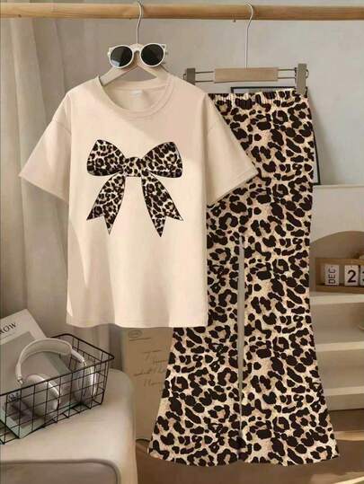 2pcs/Set Teenage Girls Outfit: Includes Leopard Print Bow T-Shirt And Leopard Print Flare Pants, Comfortable Casual, Suitable For Summer Outings