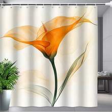 1/4PC Extra Large Floral Shower Curtain - Elegant Watercolor Calla Lily Design, Vibrant Orange Flowers Against A Beige Background, Semi-Transparent Petals - Machine Washable Polyester Fabric. Includes Shower Curtain, Non-Slip Bathroom Mat, U-Shaped Rug, And Toilet Seat With 12 Hooks. Perfect For Creating A Spa-Like Bathroom, Modern Bathroom Décor, And A Luxurious Home Spa Experience. - Durable And Elegant Floral Shower Curtain, Easy-Care Fabric, High-Quality Materials, Ideal For Stylish Homemakers And Spa Enthusiasts. - A - View 5