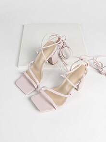 Women's Pink High Heel Sandals With Long Straps Wrapping Up To Calves, Square Toe Thick Heel Comfortable Fashion Versatile High Heels, Peep Toe Design Makes Legs Look Longer, Delicate Pink Color - Pink - View 3