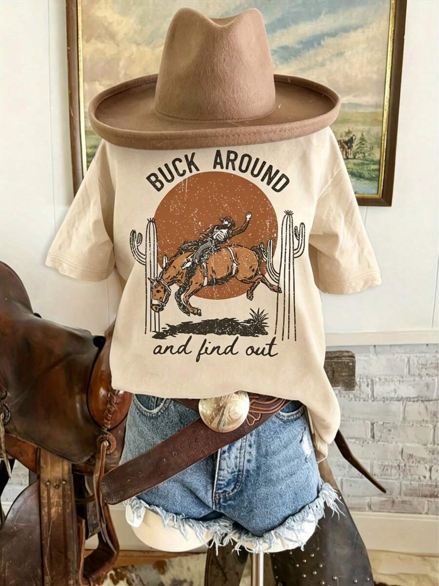 S Fun Western Quote T-Shirt Women Vacation Casual Festival Daily T-Shirt Comfortable Soft Fabric Loose Fit - 杏色 - 查看 1