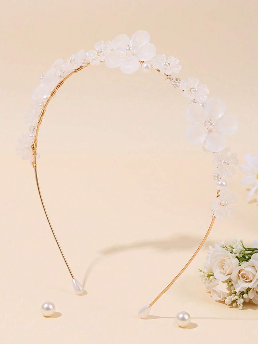 1件白色花朵发箍，女童纯色仿珍珠发箍，仙女风花朵发带，休闲婚礼发箍，甜美女孩节日礼物，青少年发饰，甜美拍照道具 - 白色 - 查看 1