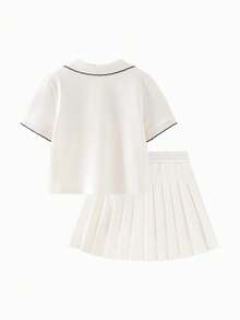 mini bala 米菲联名女童两件套T恤和百褶裙套装，透气夏季2026休闲校园装，少女服装 - 象牙白 - 查看 2