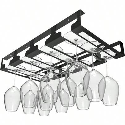 Wine Glass Rack - Under Cabinet Stemware Wine Glass Holder Glasses Storage Hanger Metal Hanging Organizer For Bar Kitchen 4 Rows Black