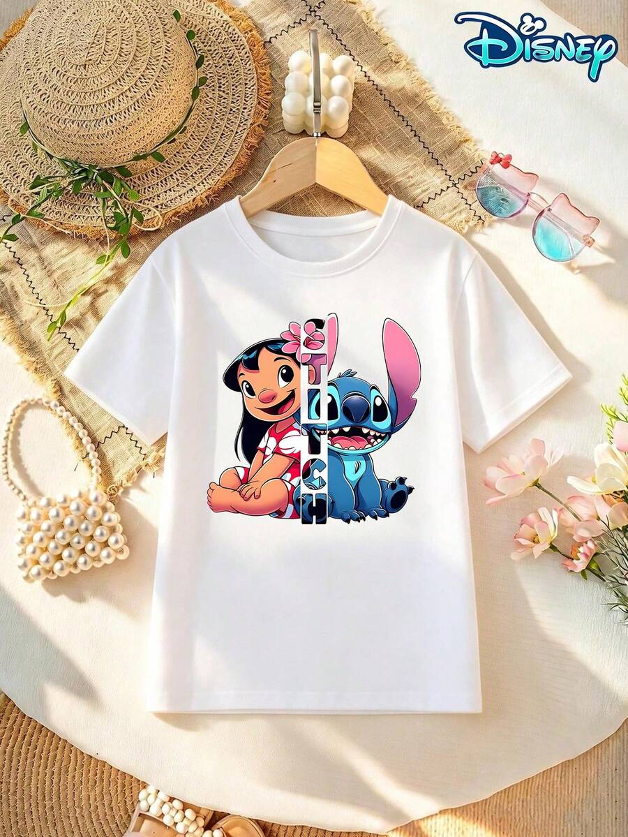Disney Licensed Style | Lilo & Stitch Letter Print Crew Neck Kids' Short Sleeve T-Shirt - Warm Playful & American Casual Vibe, Soft Breathable Fabric, Crew Neck, Ideal For Vacation, Travel & Daily Casual Wear - trắng - Xem 1