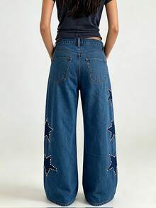 Women's Jeans With Pockets Stylish Mid Rise Casual Star Patch Wide Leg Denim Pants - Dark Wash - View 5