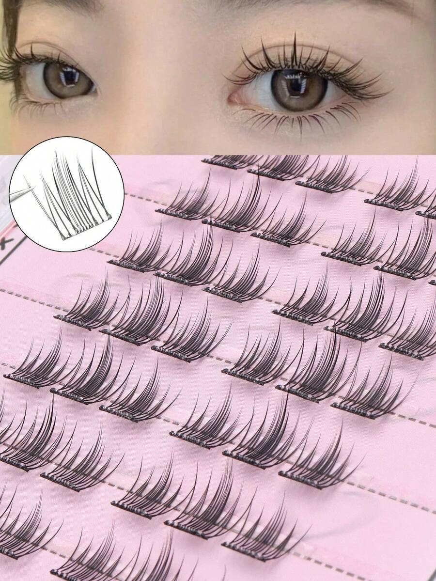 48pcs Natural Single Cluster Self-Adhesive False Eyelashes - Transparent Lash Stems, Natural Curly Camellia False Eyelashes, Segmented Design For Easy Application, Suitable For Daily, Commute, Party And Date Occasions - C - Xem 1