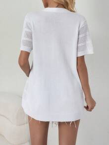 Casual Solid Color Mesh Hollow Short Sleeve Knitted Cardigan For Women, Summer Street Wear White - White - View 2