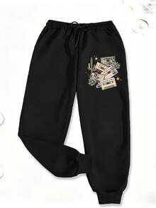 Women'S Western Cowgirl Concert Graphic Sweatpants, 2026 New Summer Promotion, Fashionable And Commuting, Daily Outfit, Casual Yet Appropriate, Old Money, Elastic Waist Casual Pants, Women's Clothing - màu đen - Xem 1