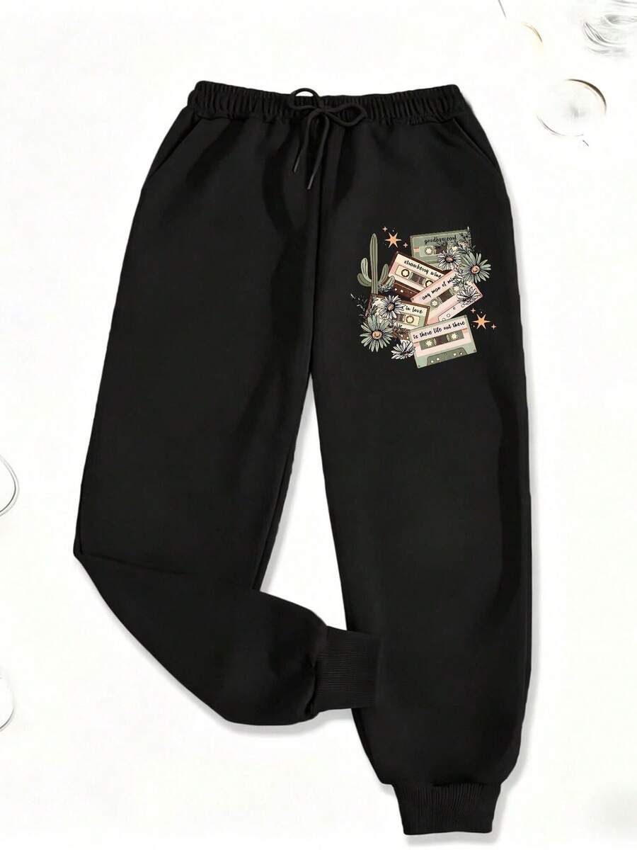 Women'S Western Cowgirl Concert Graphic Sweatpants, 2026 New Summer Promotion, Fashionable And Commuting, Daily Outfit, Casual Yet Appropriate, Old Money, Elastic Waist Casual Pants, Women's Clothing - màu đen - Xem 1