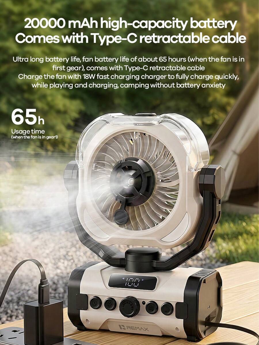 RS-ZF20 Outdoor Camping Fan: Cooling, Spraying, And Humidifying Mini Fan; Remote Control, High Wind Speed, Long Battery Life; LED Lighting; Smart Timer; Multi-Directional Airflow; Can Be Wall-Mounted Or Stand-Up. - Outdoor Misting Fan - View 1