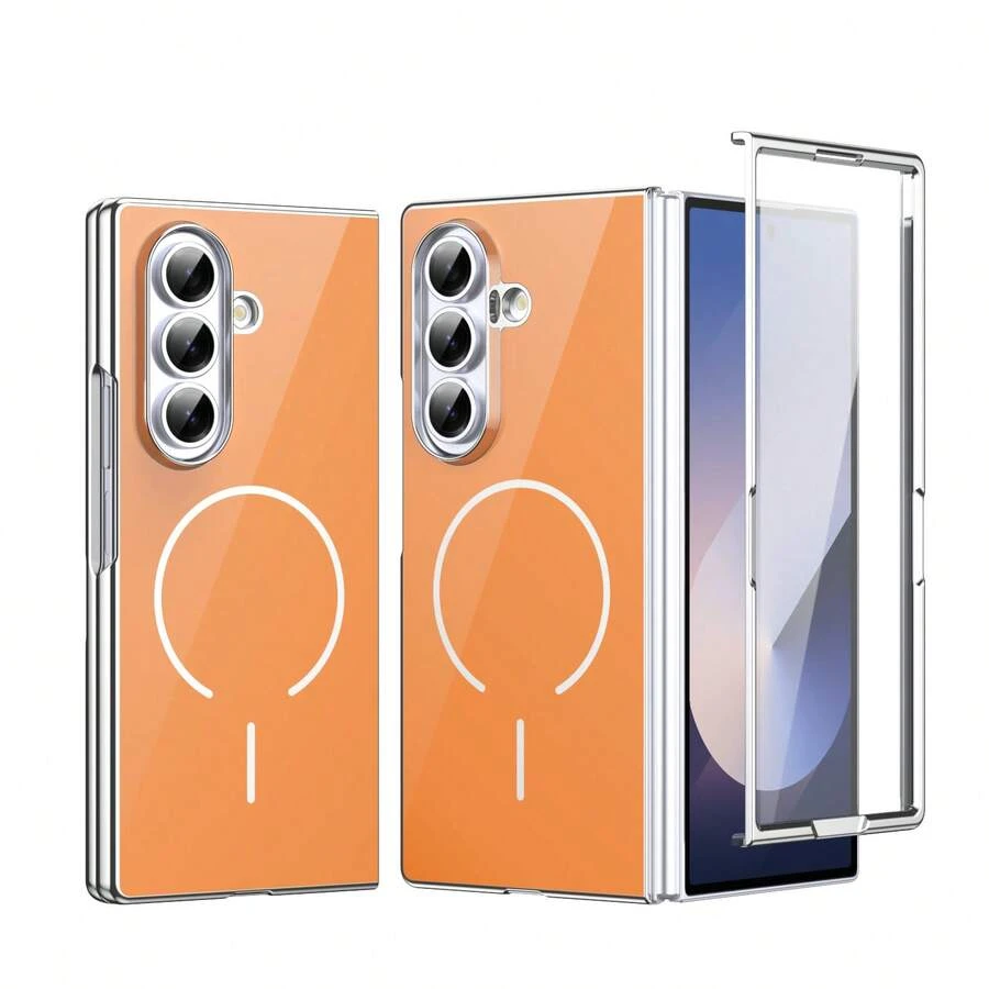 VIETAO Glass Back Panel Electroplated PC Magnetic Charging Phone Case Compatible With Samsung Galaxy Z Fold 4 5 6 7 Mobile Cover With Tempered Glass Screen Protector - Orange - View 1