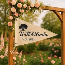 1 pieza Foto de boda personalizada de tela - Banderas triangulares de lienzo personalizadas con letras de espejo dorado - Decoración de boda rústica para ceremonia, recepción y fiesta de compromiso - Blanco - Ver 2