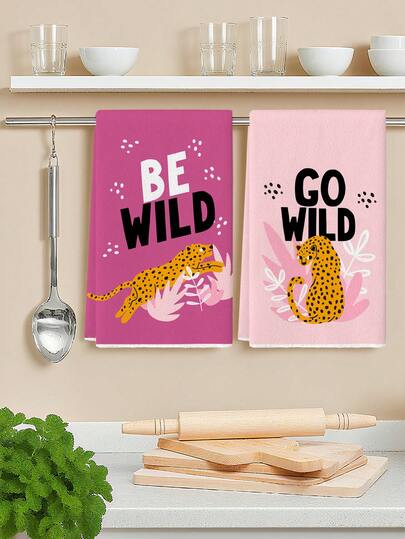 2 Pcs Leopard Be Wild Go Wild Kitchen Towels Cartoon Animal Jungle Dish Towels Can Be Used In Kitchen Drying Hand Towels Tea Towels Suitable For Farmhouse Kitchen Home Indoor Dish Drying