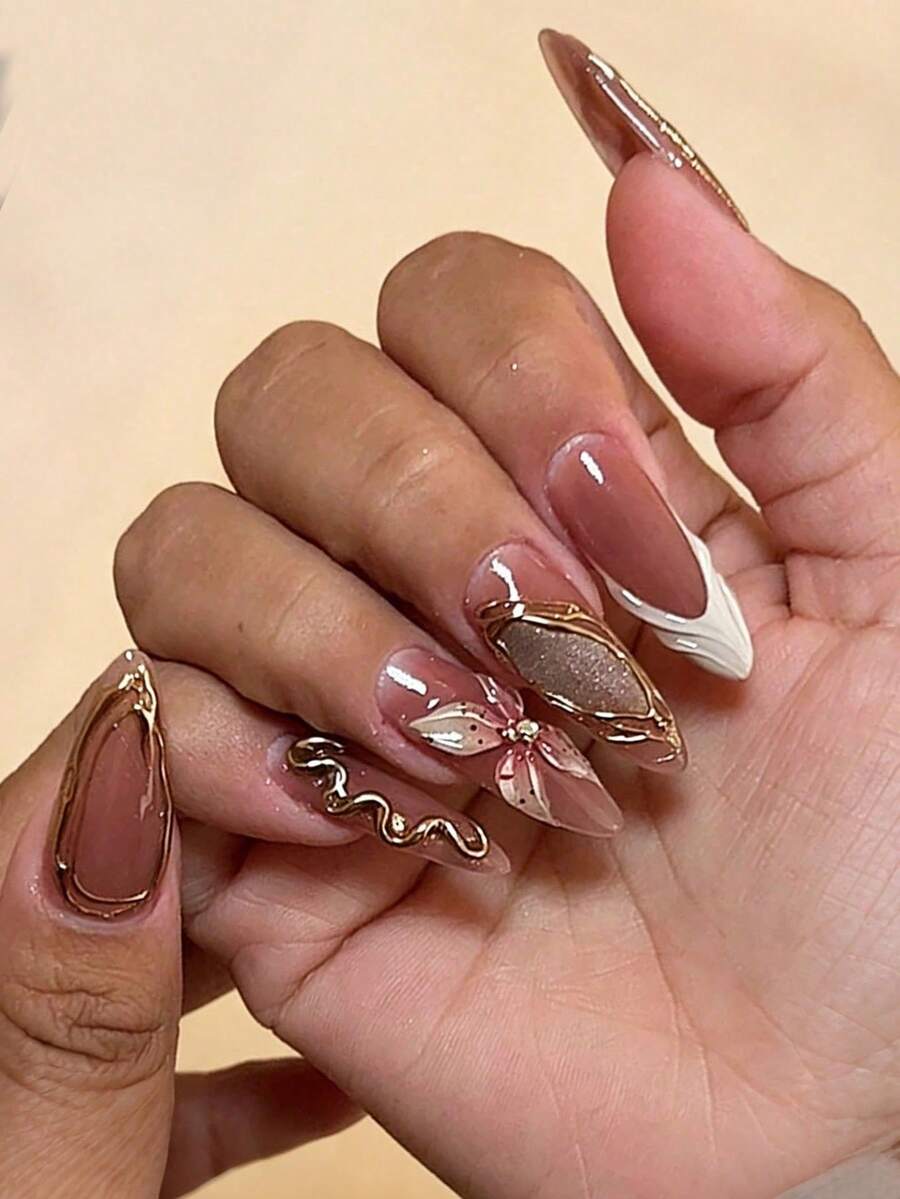Bộ 24 miếng dán móng tay acrylic hình hoa mắt mèo kiểu Y2K, dáng dài vừa phải, hình hạnh nhân, thích hợp cho kiểu móng Pháp, kèm đá đính 3D màu vàng. Phù hợp cho tiệm nail, thanh thiếu niên, sử dụng hàng ngày, lễ hội, làm quà tặng. - Nhiều màu - Xem 1