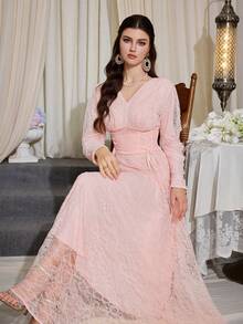 Elegant Women's Pink Lace V-Neck Long Sleeve Formal Dress, Cinched Waist Design, Flared Skirt, Perfect For Evening Parties And Balls - Baby Pink - View 6