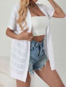 Casual Solid Color Mesh Hollow Short Sleeve Knitted Cardigan For Women, Summer Street Wear White - White - View 3