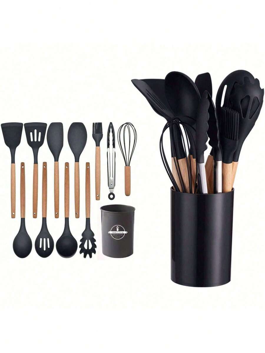 12pcs Silicone Cooking Utensils, Cake Mixer, Cake Cooking Helpers, Cooking Tools, Non-Stick Kitchen Gadgets, Washable Modern Cookware, Ideal For Cake Shops, Breakfast Shops, Households, Convenient, Quick, Easy, Efficient, Valentine's Day Gift - Black - View 1
