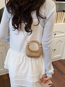 奢华水晶亚克力晚宴包，迷你手拿包，时尚明星正式场合手提包，高端水钻斜挎小包，口红零钱包，新月形包 - 金色 - 查看 7