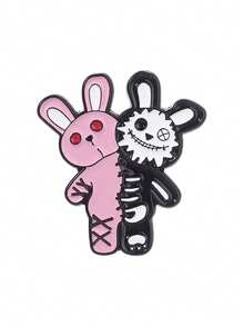 1pc Dark Punk Style Twin Rabbit Enamel Brooch, Stitched Smile Plush Rabbit Badge, Fashion Accessory, Unisex Design, Gift For Friends - Multicolor - View 10