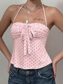 Blusa regata feminina Dila Polly elegante e romântica com estampa de bolinhas, laço e babados, sem alças, cor rosa, estilo camisola de alcinha, ideal para férias de verão. - Baby Rosa - Ver 3