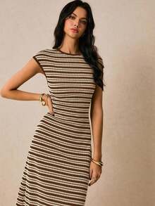 Vestido ajustado de mujer con rayas de moda, de verano - Marrón - Ver 8