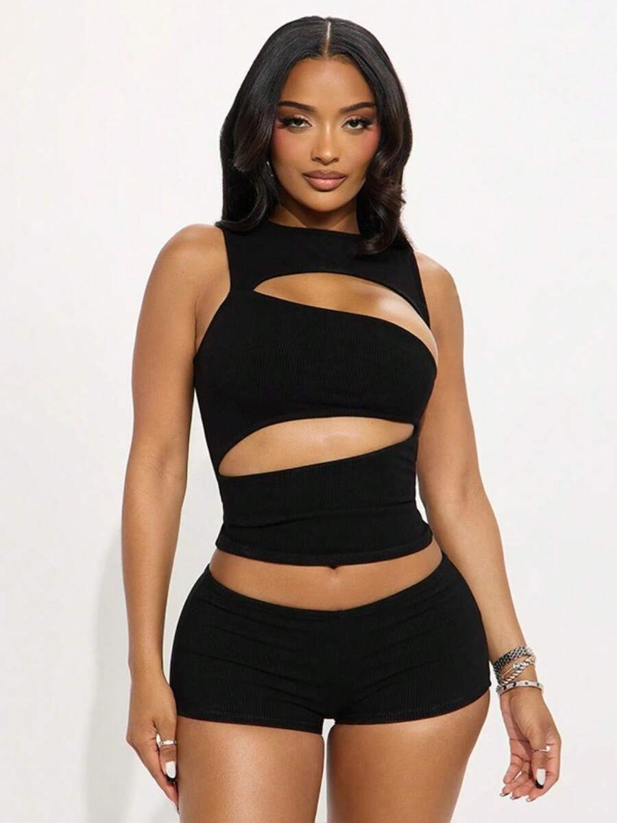 Sexy European And American Women's Clothing Spring And Summer Round Neck Pullover Hollow Vest Solid Color Hip Pants Mini Set - 黑色 - 查看 1