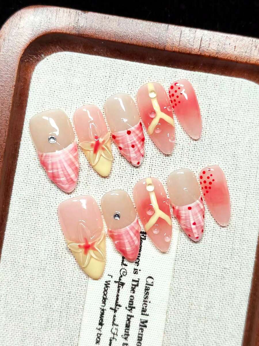 Handmade Wearable Nail Tips, Short Flat Shape, Nude Color With Pink, White, Yellow French Tips, Contrast Color Design, Hand-Painted Pink Ripple And Red Polka Dot, Handmade 3D Embossed Flowers, Transparent Shell Pattern Drag Design, Pink Ombre Design, Transparent Water Drop Decor, Sparkling Rhinestones, Romantic Vacation Style, Soft And Sweet, Reusable