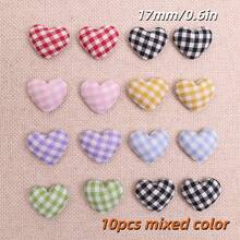 10pcs Mixed Plaid Fabric Heart/Round/Flower Decorative Buttons/Patches, Handmade DIY Earrings, Headwear, Phone Case, Sewing Accessories, Apparel Trims, Plush Craft Buttons - A - View 10