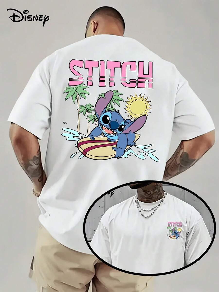 [Disney Licensed]Disney Lilo & Stitch Stitch Summer Surfing Beach Graphic T-Shirt, Men's Oversized Front & Back Print Short Sleeve Tee, Vacation Hawaiian Streetwear Top For Summer Beach Trip, Pool Party, Stitch Fans Gift, Casual Outings & Teen Fashion, Disney Officially Authorized Men's Short-Sleeved T-Shirts, Mens Clothes, Men, Ropa De Hombre, Summer Clothes, Men Shirts, Graphic Tees, Disney Outfits Men, Graphic Tees, Camisetas Para Hombre, Camisas Para Hombre, Summer Outfits For Men, Father's Day Gift, Perfect Gift For Family And Friends, Which Are Necessary For Birthday Parties, Disney Shirts, Mens Clothes, Summer Clothes, Officially Licensed Disney T-Shirts, Disney Men's And Women's Spring/Summer Fashion Casual Short-Sleeve T-Shirts - 白色 - 查看 1