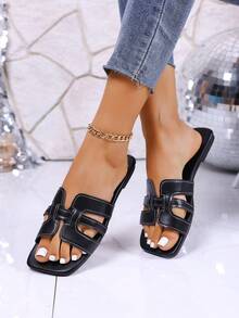 New Square Toe Solid Color Korean Style Slippers, Black Flat Beach Sandals, Summer Fashion Outdoor Slides For Women - Black - View 6