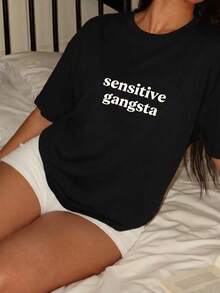 2026 “敏感黑帮” 女士睡衣上衣，印花T恤，女士夏季睡衣上衣，Y2K家居服 - 黑色 - 查看 2