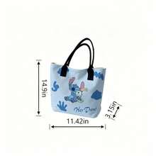 Miniso 迪士尼史迪奇手提袋 - 浅蓝色“嘿！”印花大容量帆布单肩包，适合日常使用 - 黑色 - 查看 3