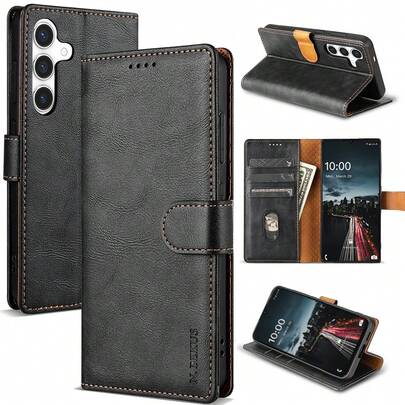 适用于苹果和三星Galaxy手机的仿皮钱包式手机壳，带卡槽、支架和翻盖，可作手机钱包使用。