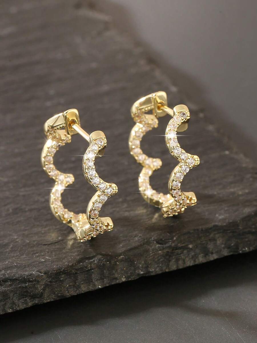 1 Pair Elegant Luxury Copper Zirconia Geometric Wave Hoop Earrings, Fashionable Gift For Women - Round - View 1