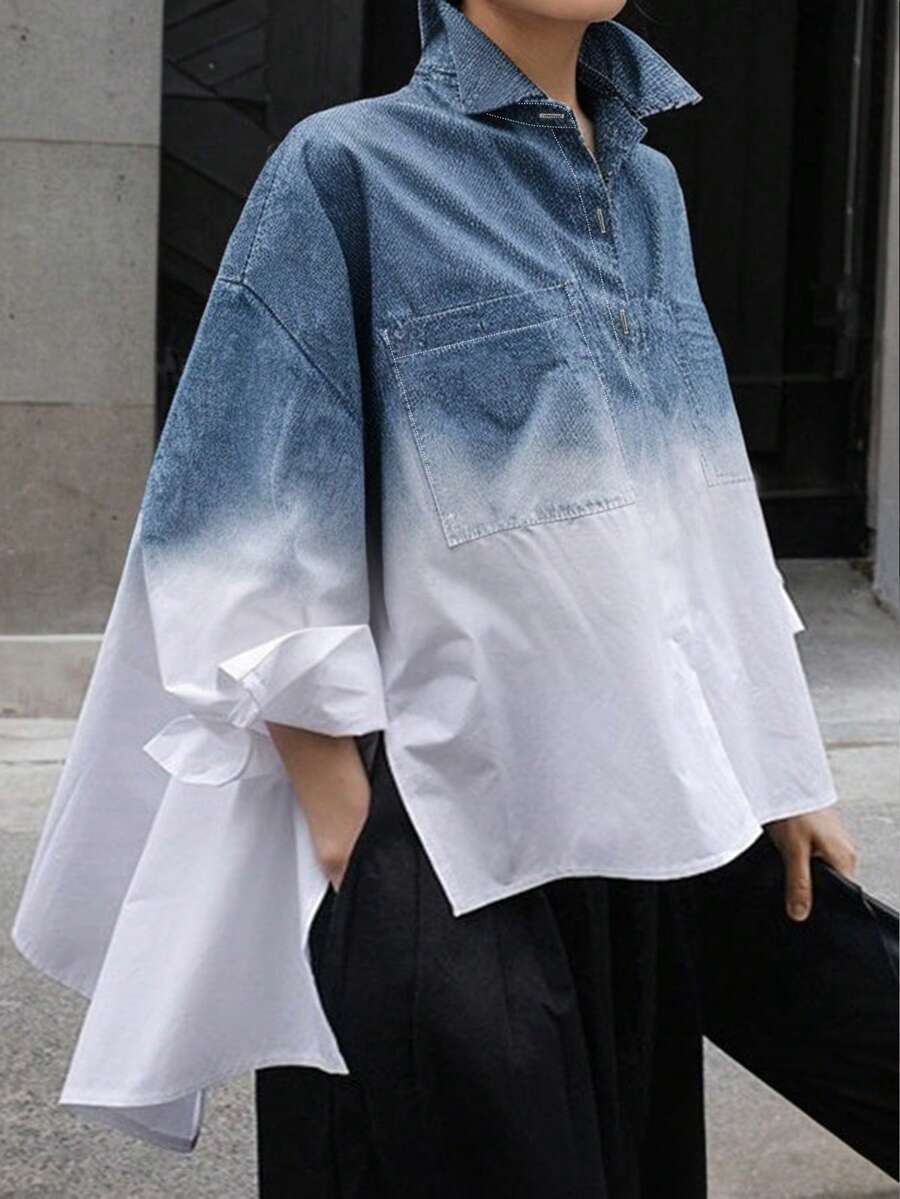 Áo sơ mi nữ thanh lịch, cổ ve áo in họa tiết ombre, gấu cao thấp, tay dài, xẻ tà bên hông, vải dệt trơn, cài nút phía trước, mặc thường ngày, công sở, xuân/hè - Xanh và trắng - Xem 1