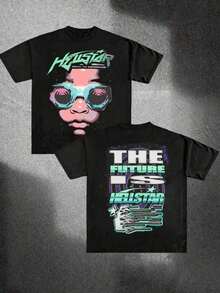 Y2k T-Shirt,Hellstars The Future Is Hellstars Spiked Goggles Y2K T-Shirt Double Sided Printed ( 100% Cotton T-Shirt), Summer Clothes, Men's Tops, Casual And Comfortable, Fashionable Graphic Tee, Unisex Stylesummer And Spring T-Shirt. - 黑色 - 查看 7
