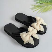 Women's Beige Bow Decor Thick Sole Flip Flops, Casual Non-Slip Summer Convenient Sandals, Vacation Beach Wedge Shoes, Black Shoes - Beige - View 11