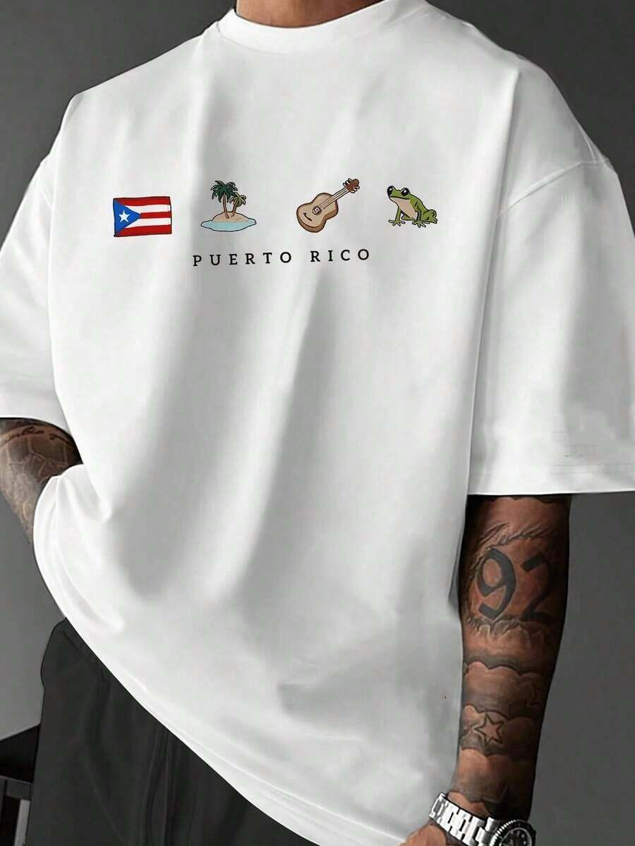 Y2K Graphic Tees For Men, Blue Graphic T-Shirt Of Puerto Rico Y2K, Graphic Tees For Men, Summer Top, Puerto Rico Independence Day T-Shirt, For Men - trắng - Xem 1