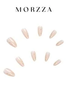 Migliora istantaneamente il tuo aspetto con 24 pezzi di unghie finte casual ed eleganti, in stile vintage e minimal, con motivo a stelle dorate su beige albicocca, di forma mandorla media, adatte per ragazze e donne che amano uno stile minimalista da usare nella vita quotidiana e per lo shopping - Albicocca - Visualizzare 2