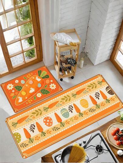 1 pièce Tapis de cuisine avec imprimé pastoral de carotte et lapin, convient pour la cuisine, le salon, la chambre, la salle de bain, l'entrée, petit tapis, tapis de couloir, style bohème, lavable en machine, décoration d'intérieur, revêtement de sol