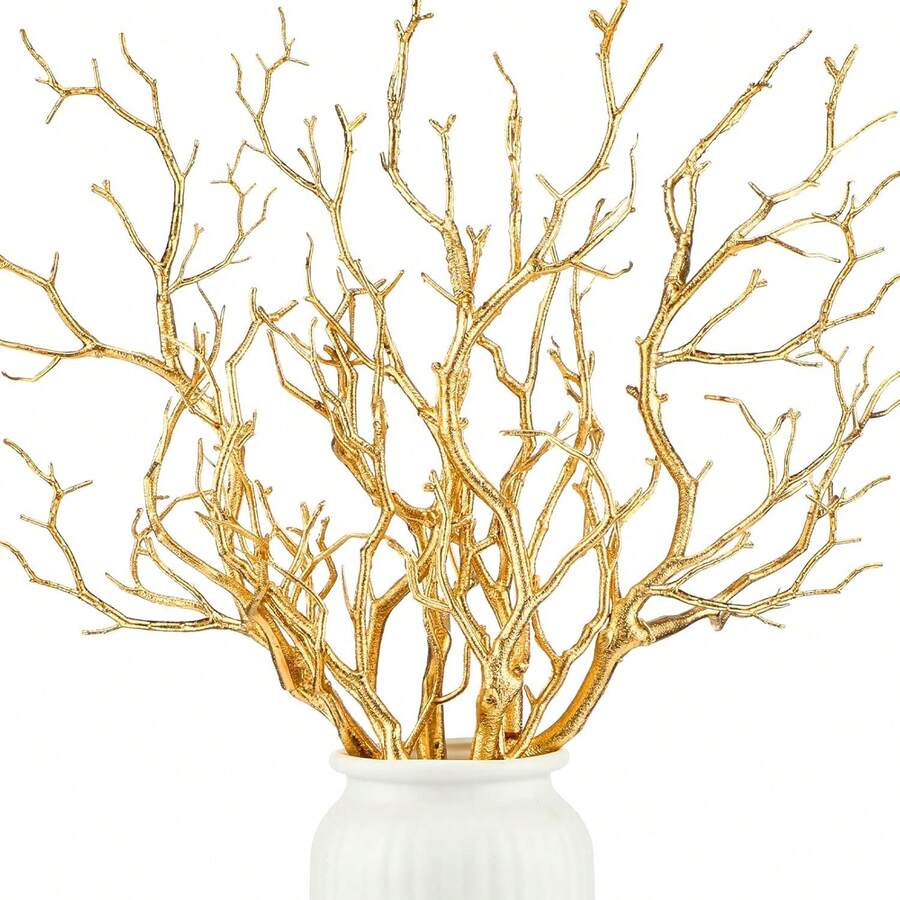 5 piezas de 35 cm Ramas artificiales de árbol de Manzanita, tallos decorativos de planta de cuerno de ciervo de plástico falso, adecuados para el hogar, la boda, el centro de mesa del comedor, la decoración navideña - Dorado - Ver 1