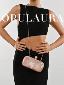 OpulAura 1pc Pink Sequin Embroidered Floral Elegant Clutch Bag, Suitable For Formal Occasions, Fashion Women's Clutch With Clasp Closure, Applicable For Women's Wedding/Gala, Banquet, Ball, Party And Other Events. Pattern Randomly Cut. - Pink - View 9