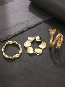 三件套金色叠戴手镯，简约不对称串珠多层金属手镯，优雅女士日常佩戴饰品，多功能办公配饰，完美的生日/情人节礼物 - 金色 - 查看 3