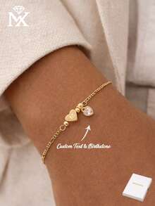 Pulsera con forma de corazón personalizada chapada en oro de 18K con circonita rosa, pulsera de cadena delicada con letra personalizada, adecuada como regalo para ella o el Día de la Madre - Amarillo Oro - Ver 1