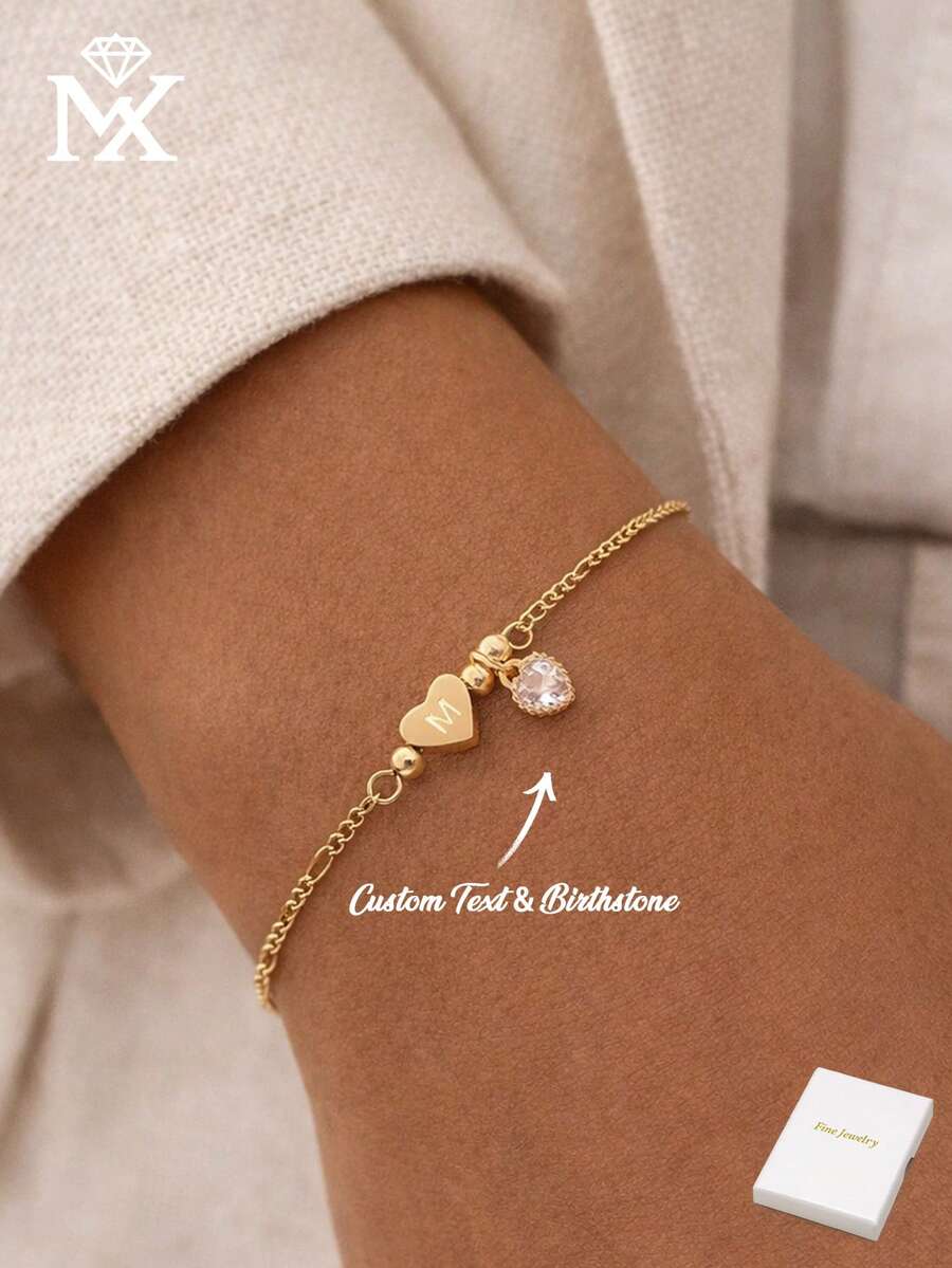 Pulsera con forma de corazón personalizada chapada en oro de 18K con circonita rosa, pulsera de cadena delicada con letra personalizada, adecuada como regalo para ella o el Día de la Madre - Amarillo Oro - Ver 1