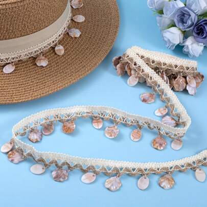 Viền ren thêu hình vỏ sò kiểu đại dương rộng 3,7cm, mặt dây chuyền vỏ sò tự nhiên + viền ren sóng, thích hợp để trang trí mũ, rèm cửa, quần áo DIY | Viền ren dệt thủ công phong cách Bohemian